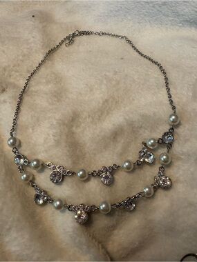Elegant Pearl and Crystal Double Strand Necklace - Silver Tone